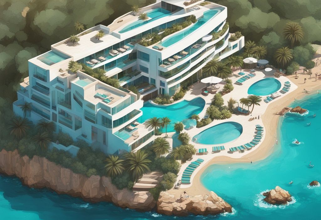 Luftaufnahme des luxuriösesten Hotels in Ibiza mit weitläufiger Architektur, üppigen Gärten und beeindruckendem Poolbereich vor dem Hintergrund des azurblauen Mittelmeers in türkisfarbenem Farbschema.