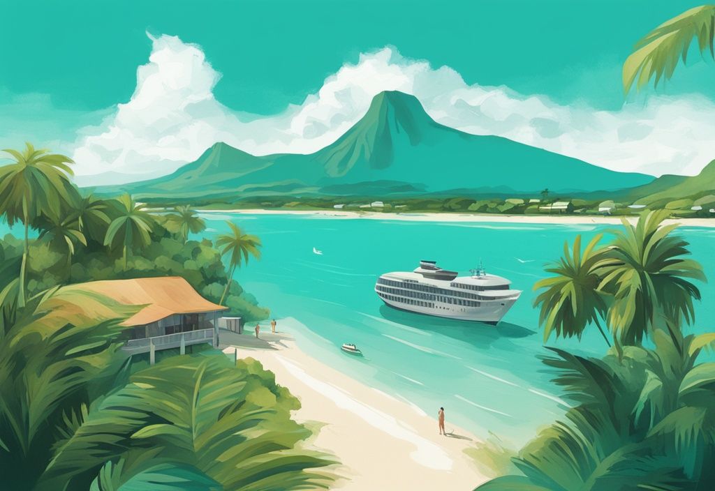 Moderne digitale Malerei von Mauritius mit türkisfarbenem Thema, zeigt Strände, üppige Natur und lebhafte lokale Kultur, symbolisiert eine Rundreise durch die Insel.