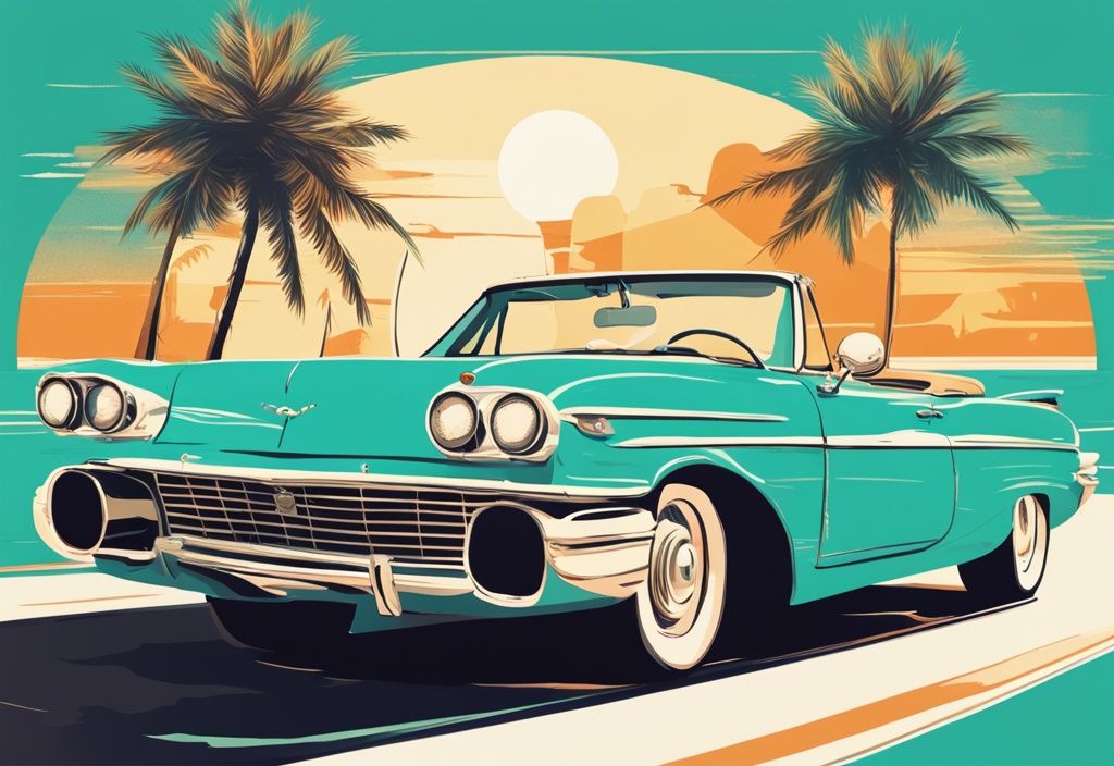 Modernes digitales Gemälde einer Vintage-Cabriofahrt entlang der sonnigen Küste Floridas mit Palmen im Hintergrund und einer Florida-Karte auf dem Beifahrersitz, ideal für einen Roadtrip Florida.