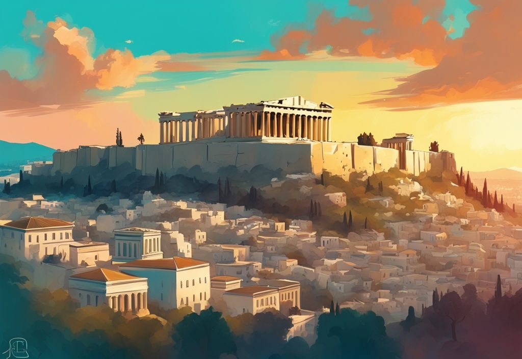 Moderne digitale Malerei der Athen Akropolis im goldenen Sonnenuntergang, mit türkisfarbenem Hauptfarbthema und Stadtlandschaft im Hintergrund.