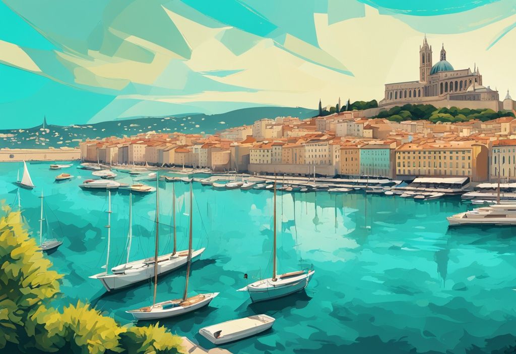 Moderne digitale Malerei des Alten Hafens von Marseille mit Segelbooten und der Basilika Notre-Dame de la Garde im Hintergrund, ideal für Marseille Urlaub