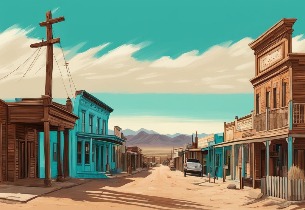 Panoramablick auf die historische Stadt Tombstone, Arizona, mit ikonischen Holzstrukturen, staubigen Straßen und Wüstenlandschaft unter klarem blauem Himmel, digital gemalt in Türkis.