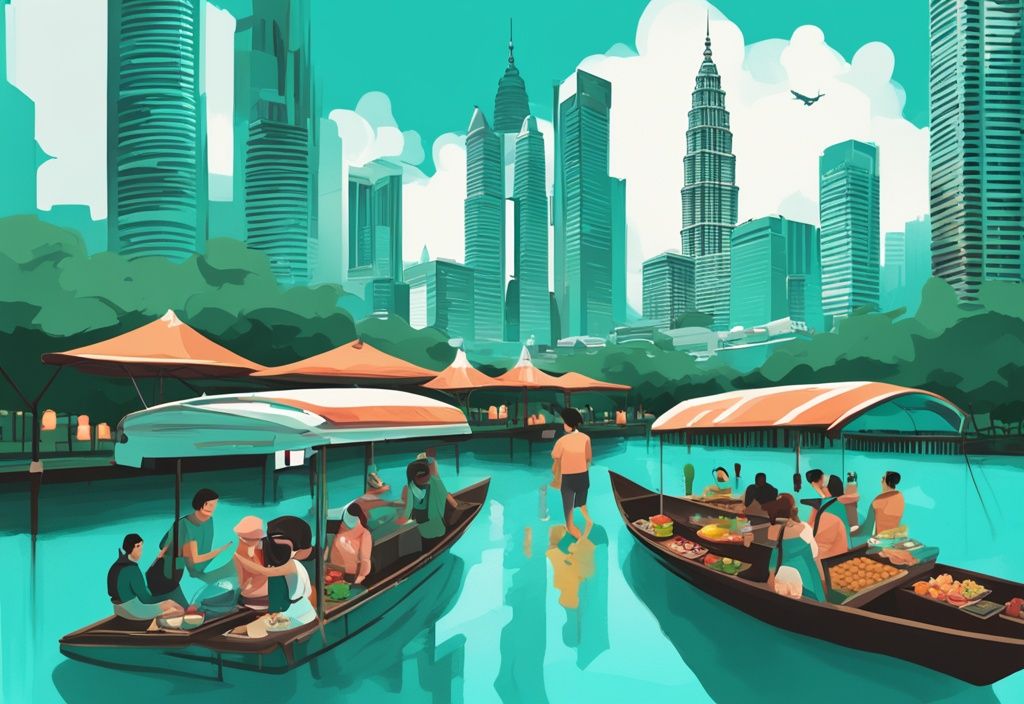 Moderne digitale Illustration in Türkis, die die Petronas Twin Towers, einen belebten Streetfood-Markt und eine Familie bei einer Bootsfahrt in den Lake Gardens zeigt, und den kuala lumpur urlaub einfängt.