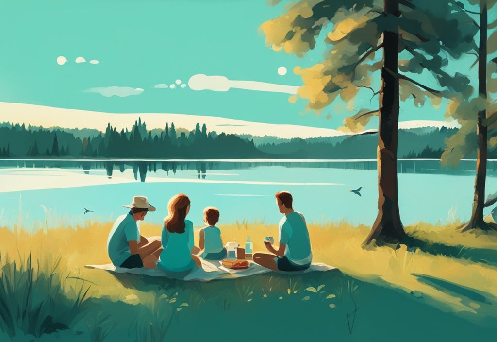 Moderne digitale Malerei eines ruhigen finnischen Sees im Sommer mit einer Familie, die ein Picknick unter der warmen Sonne genießt, Hauptfarbe Türkis.