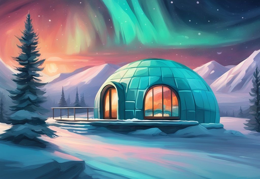 Panoramablick auf ein luxuriöses Iglu-Hotel inmitten einer schneebedeckten Landschaft unter den Nordlichtern, moderne digitale Malerei in Türkis.