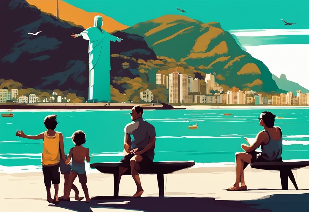 Familie genießt die Sonne am Copacabana Strand mit Christusstatue im Hintergrund, urlaub in brasilien, moderne digitale Malerei in Türkis.