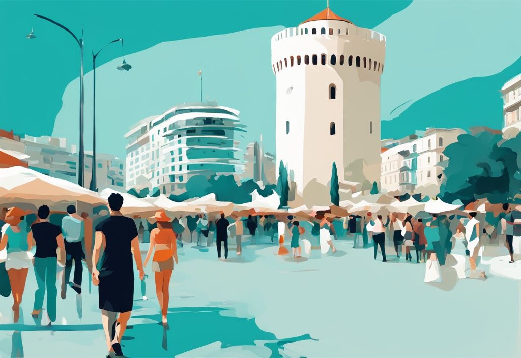 Moderne digitale Malerei mit der Ikone des Weißen Turms von Thessaloniki und dem lebhaften Aristoteles-Platz im Hintergrund, thessaloniki sehenswürdigkeiten.