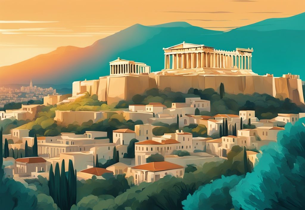 Moderne digitale Malerei der antiken Athen Akropolis im goldenen Sonnenuntergang mit Stadtansicht im Hintergrund, Hauptfarbe Türkis.