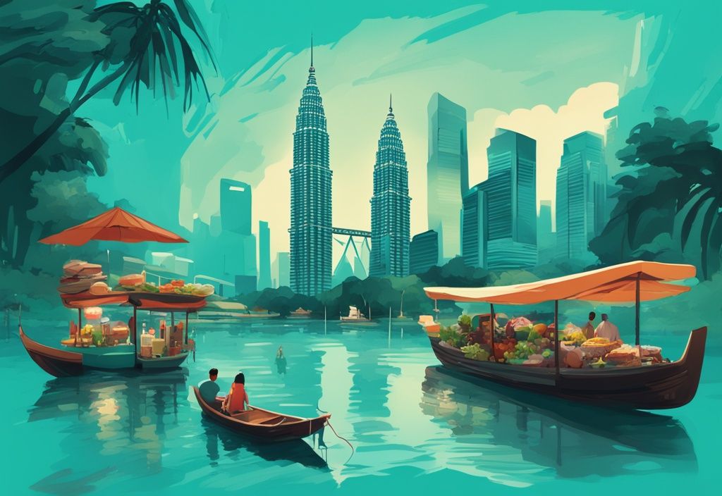 Moderne digitale Illustration mit türkisfarbenem Thema, die die Petronas Twin Towers, einen belebten Street Food Markt und eine Familie bei einer Bootsfahrt im Lake Gardens zeigt, das Wesen eines Kuala Lumpur Urlaubs einfangend.