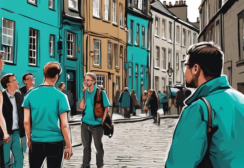 Moderner digitaler Malerei-Illustration in Türkis: Ein lokaler Führer zeigt einer Gruppe neugieriger Touristen ein verstecktes Juwel in Edinburghs historischem Altstadt.