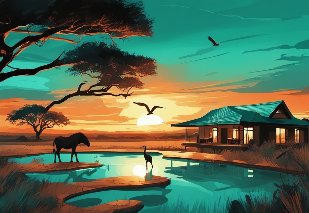 Moderne digitale Malerei einer malerischen Safari Lodge Südafrika bei Sonnenuntergang mit wilden Tieren im Hintergrund.