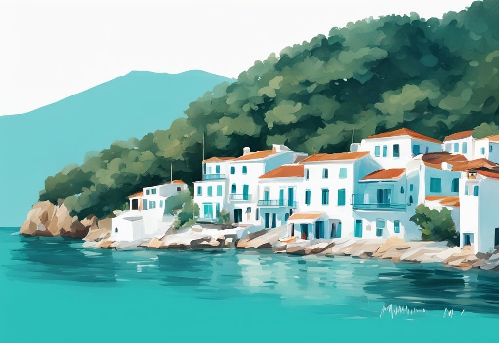 Moderne digitale Malerei von Skopelos mit türkisfarbenem Thema, traditionellen weißen Häusern, kristallklarem Wasser und üppigem Grün, wo wurde Mamma Mia gedreht.