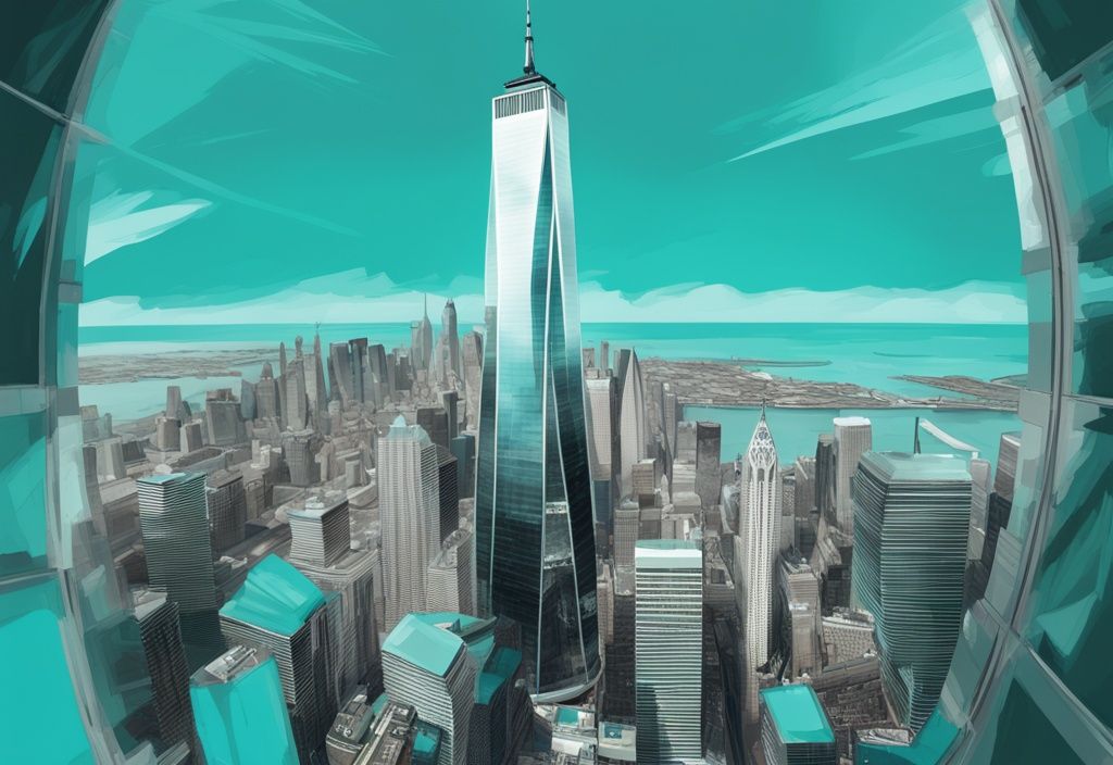 Moderne digitale Malerei, Luftaufnahme von der One World Trade Center Aussichtsplattform mit türkisfarbenem Farbschema, zeigt die Höhe und die weitläufige Stadtlandschaft darunter.