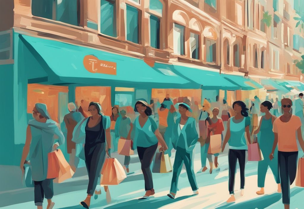 Moderne digitale Illustration einer belebten Einkaufsstraße mit vielfältigen Menschen und trendigen Geschäften in Türkis, in welcher stadt kann man gut shoppen.