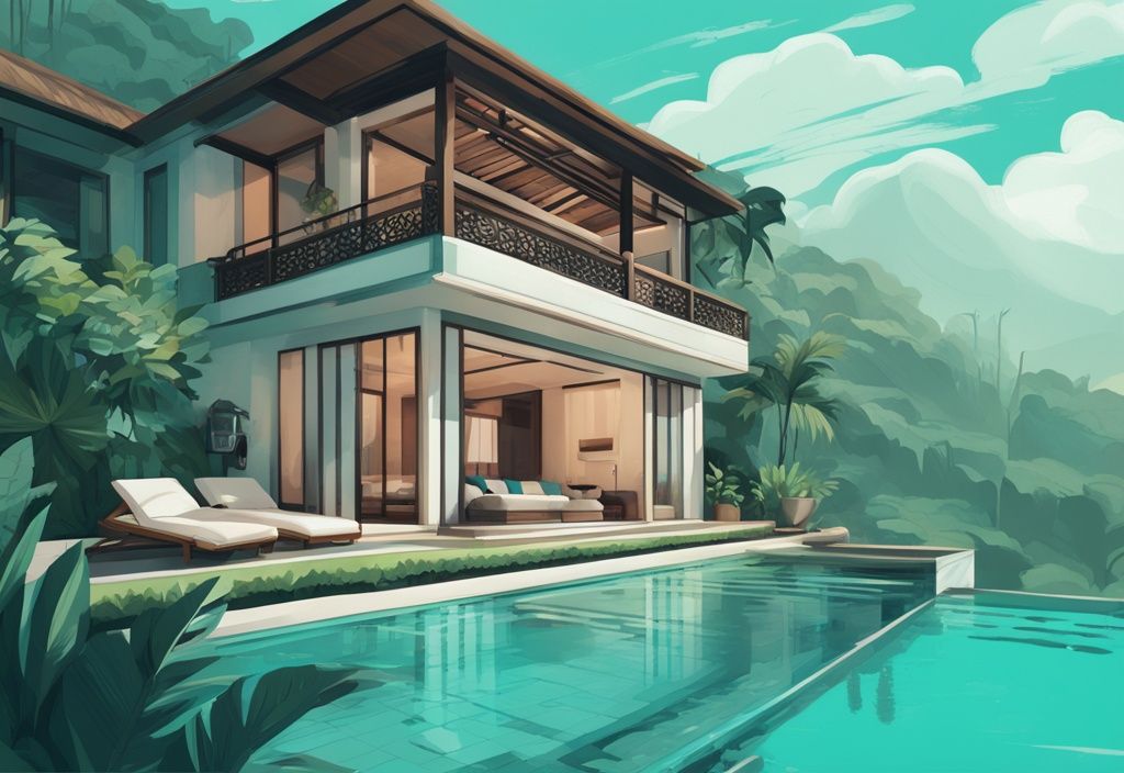 Luxuriöse Bali Unterkunft mit privatem Pool und Blick auf grüne Reisterrassen, digitale Illustration in Türkis.