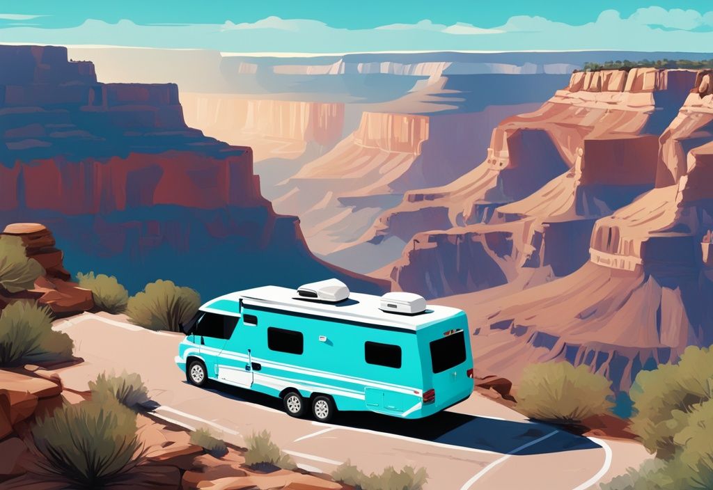 Modernes digitales Gemälde eines Wohnmobils, das an einem Aussichtspunkt mit Panoramablick auf den Grand Canyon unter klarem Himmel parkt, mit dem wohnmobil durch die usa.