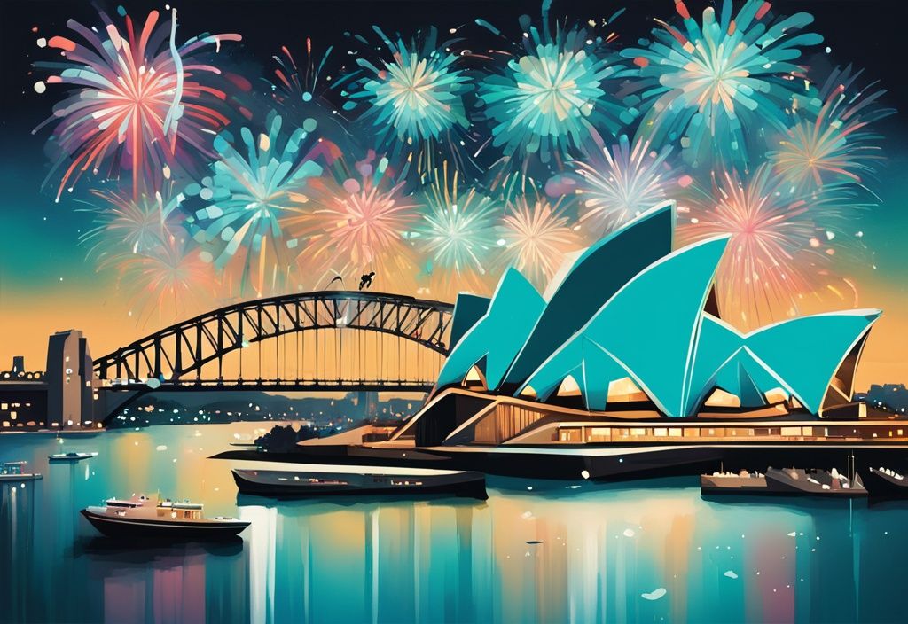 Silvester in Sydney: Turquoise digitale Malerei mit Feuerwerk über dem Sydney Opera House und Harbour Bridge, jubelnde Menschenmengen im Vordergrund.