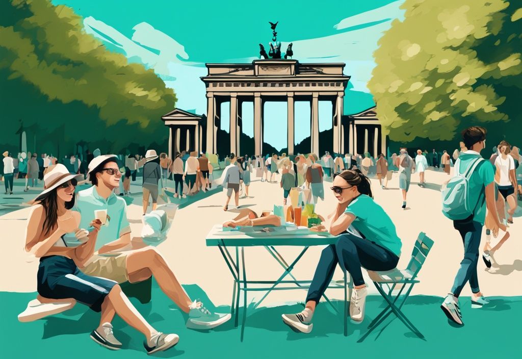 Moderne digitale Illustration in Türkis: Junge Erwachsene erkunden Berlins Wahrzeichen wie das Brandenburger Tor und die East Side Gallery zu Fuß und machen ein Picknick im Tiergarten.