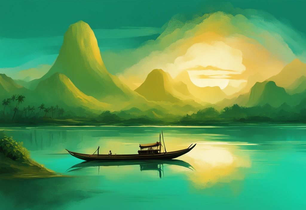 Moderne digitale Illustration eines traditionellen laotischen Bootes auf dem Mekong-Fluss bei Sonnenuntergang, umgeben von grünen Bergen – ideal für Laos Urlaub.