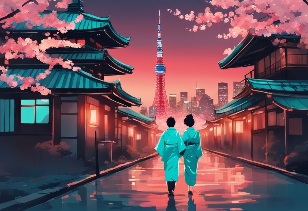 Moderne digitale Malerei von Tokios Skyline bei Sonnenuntergang mit beleuchtetem Tokyo Tower, einem Paar in traditionellen Kimonos und blühenden Kirschblüten in Türkistönen