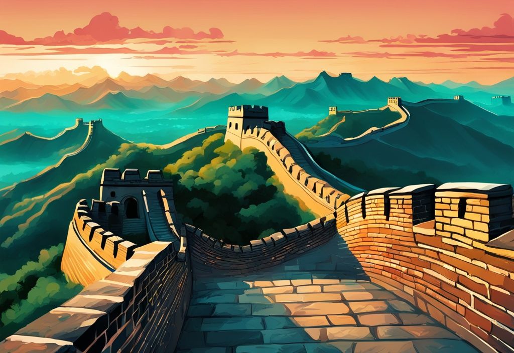 Moderne digitale Malerei der Großen Mauer Chinas bei Sonnenuntergang mit Peking Skyline im Hintergrund, Hauptfarbe Türkis