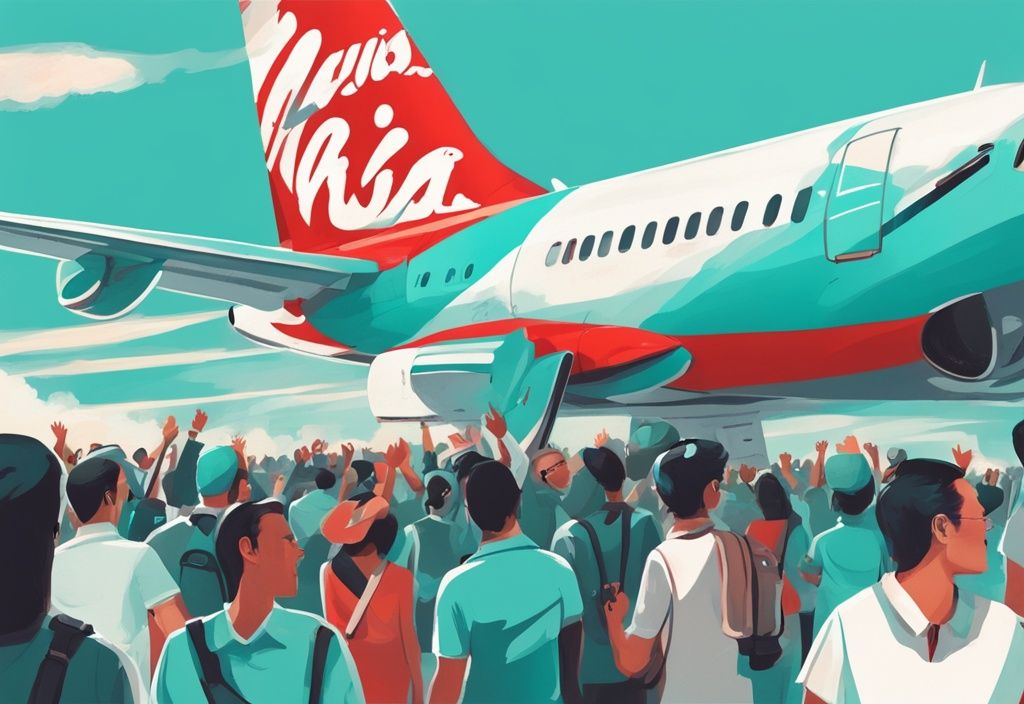 Moderne digitale Illustration eines AirAsia-Flugzeugs in türkisfarbenem Himmel mit glücklichen, diversen Passagieren, die aus den Fenstern schauen.