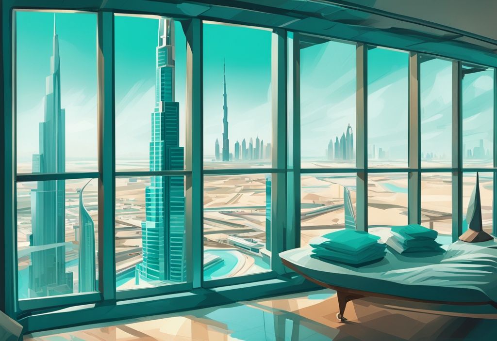 Modernes digitales Gemälde der Skyline von Dubai mit Burj Khalifa und Burj Al Arab, gesehen aus dem Flugzeugfenster während eines Stopovers in Dubai, Hauptfarbe Türkis.