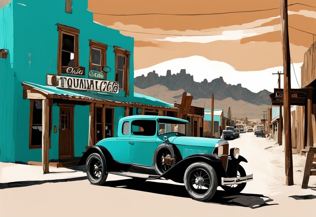 Moderne digitale Malerei mit türkisem Farbschema: Ein Vintage-Auto fährt durch die historische Stadt Oatman mit alten Holzhäusern und Route 66 Schildern im Hintergrund.