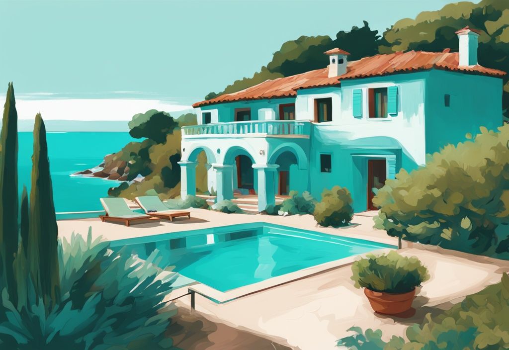 Moderne digitale Illustration einer traditionellen sardischen Villa inmitten üppiger Vegetation mit dem azurblauen Mittelmeer im Hintergrund, sardinien unterkunft