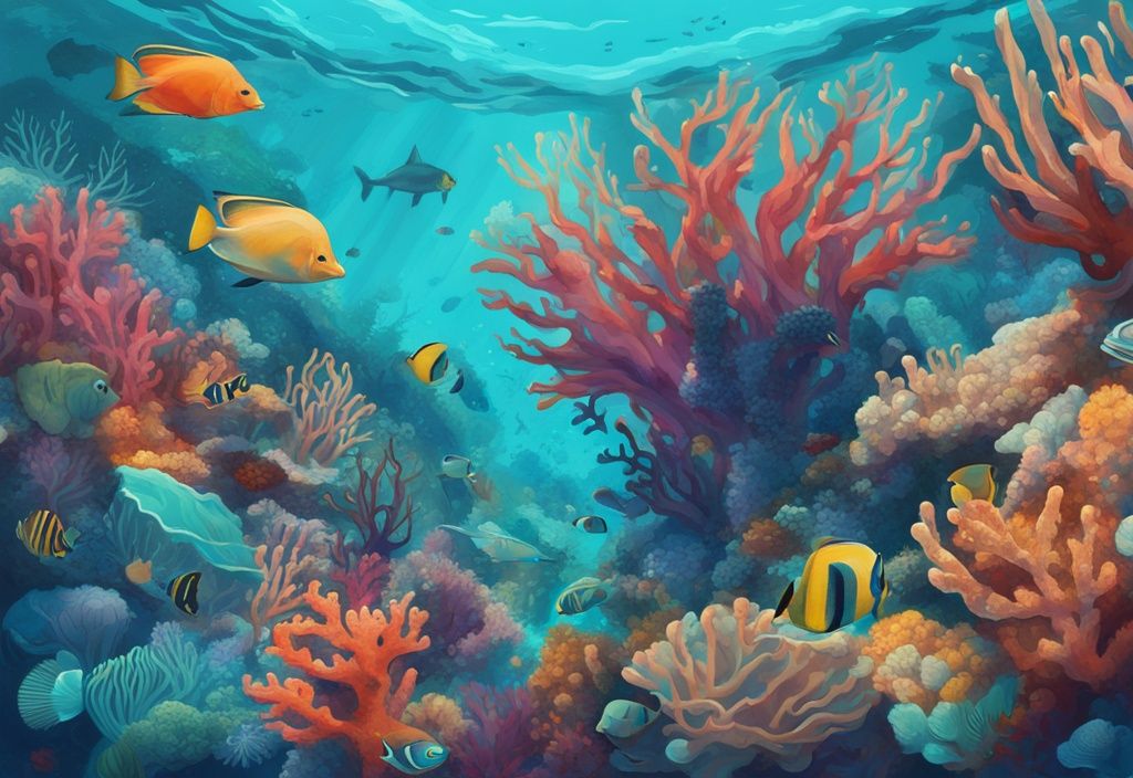 Unterwasseraufnahme des Great Barrier Reef mit bunten Korallen und verschiedenen Meeresarten in klarem blauen Wasser, digitale Illustration in Türkis.