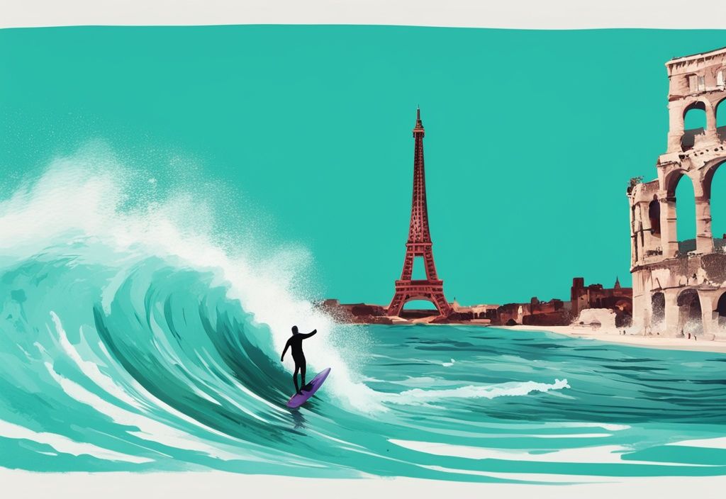 Moderner digitaler Gemäldeillustration eines Surfers auf einer Welle mit türkisfarbenem Hauptfarbthema und ikonischen europäischen Wahrzeichen wie dem Eiffelturm und dem Kolosseum im Hintergrund.