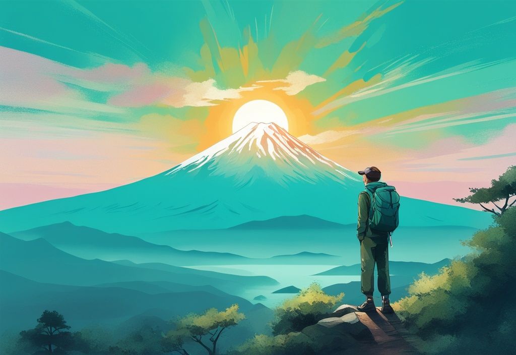 Moderne digitale Malerei eines Wanderers auf dem Gipfel des Mount Fuji, der den weiten Wald und die aufgehende Sonne überblickt. Hauptfarbe: Türkis. Keyword: Japan Wandern.