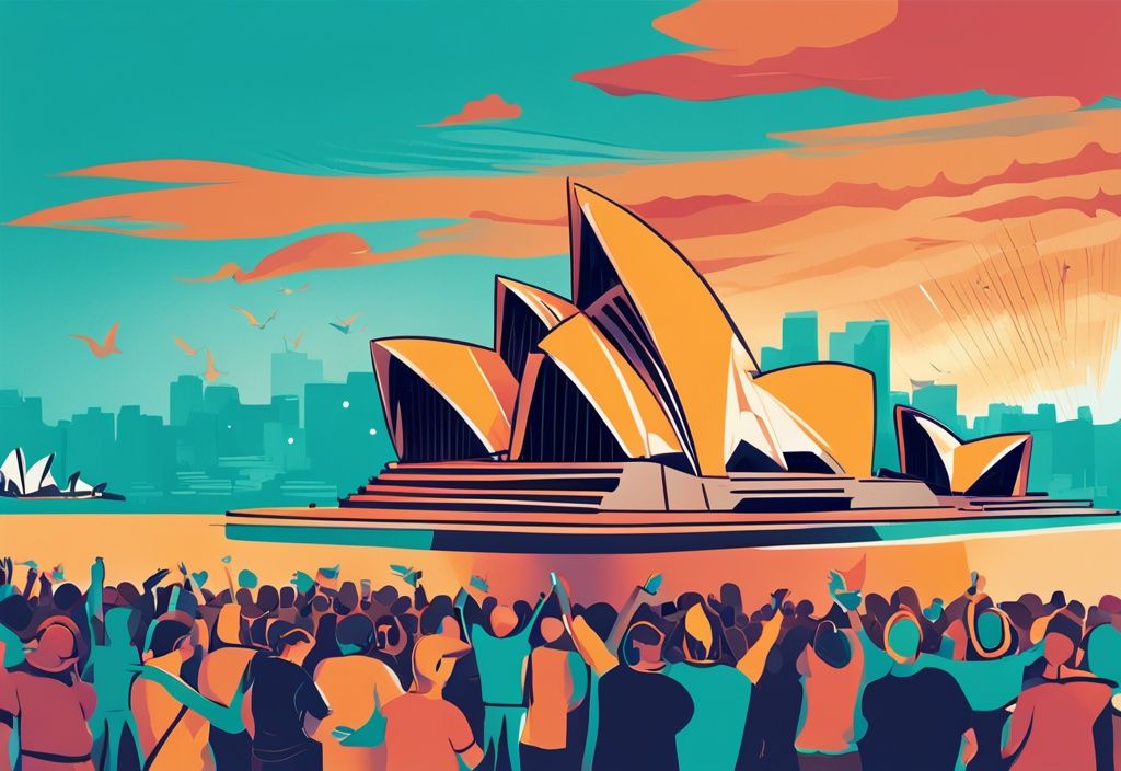 Moderne digitale Malerei: Lebhafter Sonnenuntergang über dem ikonischen Sydney Opera House mit einer Gruppe aufgeregter Touristen im Vordergrund, bereit zur Erkundung – australien reise