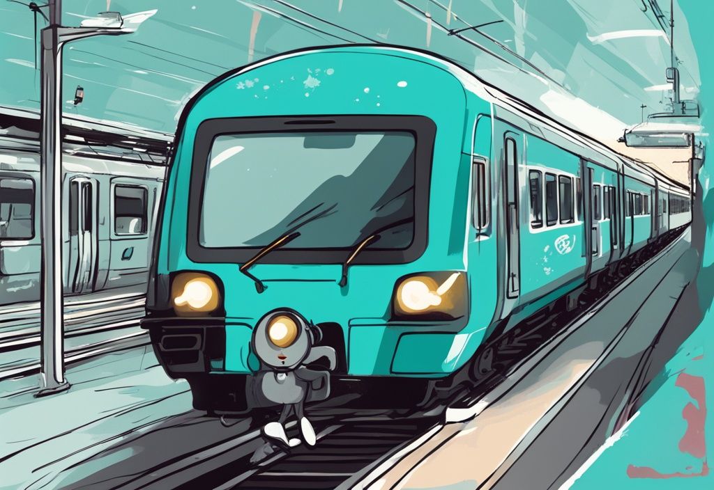 Cartoon einer Deutsche Bahn mit Sprechblasen und lustigen Sprüchen, moderne digitale Illustration in Türkis