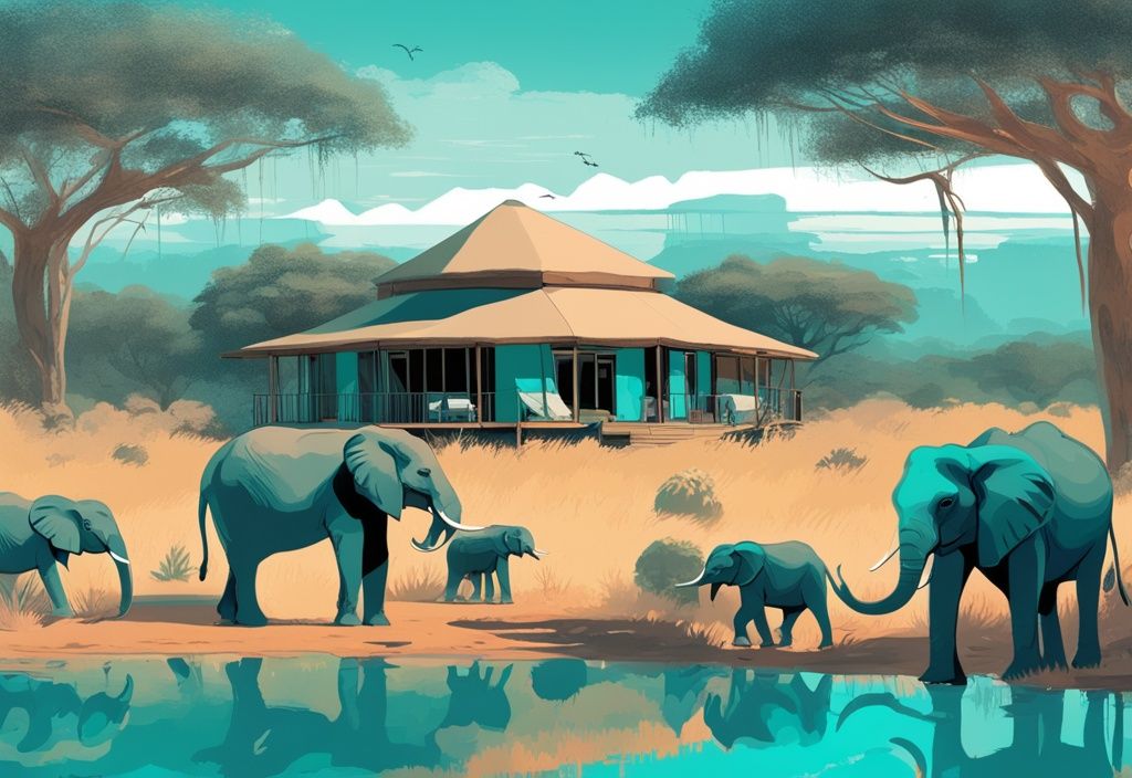 Luxuriöse Safari-Lodge in Südafrika, umgeben von einheimischer Flora und einer Elefantenherde im Hintergrund, moderne digitale Malerei in Türkis.