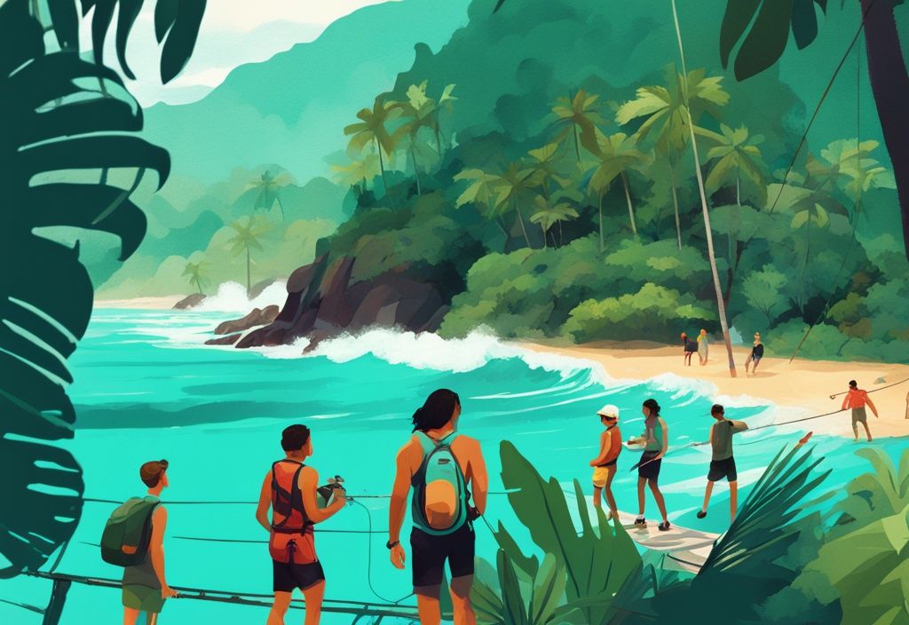 Moderne digitale Malerei mit türkisfarbenem Thema: Menschen beim Zip-Lining im Regenwald, Surfen an der Pazifikküste und Tierbeobachtung im Nationalpark in Costa Rica.