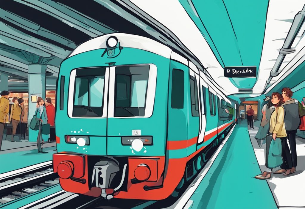 Cartoon einer Deutsche Bahn mit lustigen Sprüchen, moderne digitale Illustration, Hauptfarbe Türkis