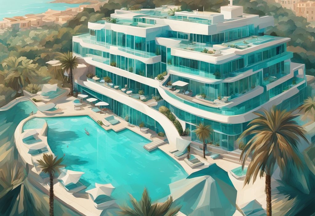 Luftaufnahme des luxuriösesten Hotels in Ibiza mit weitläufiger Architektur, üppigen Gärten und beeindruckendem Poolbereich vor dem türkisfarbenen Mittelmeer.