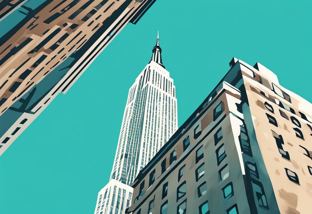 Moderne digitale Illustration des Empire State Buildings aus Bodenperspektive vor klarem blauen Himmel, Hauptfarbthema Türkis