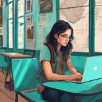 Junge Frau arbeitet am Laptop in einem gemütlichen Café, mit Rucksack und Karte auf dem Tisch, die auf ihre Work and Travel-Pläne hinweisen, in einer modernen digitalen Illustration mit Türkis als Hauptfarbe.