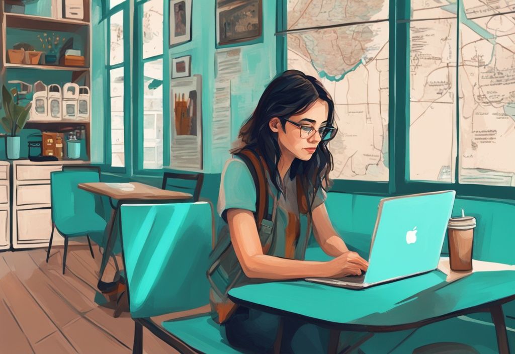 Junge Frau arbeitet am Laptop in einem gemütlichen Café, mit Rucksack und Karte auf dem Tisch, die auf ihre Work and Travel-Pläne hinweisen, in einer modernen digitalen Illustration mit Türkis als Hauptfarbe.