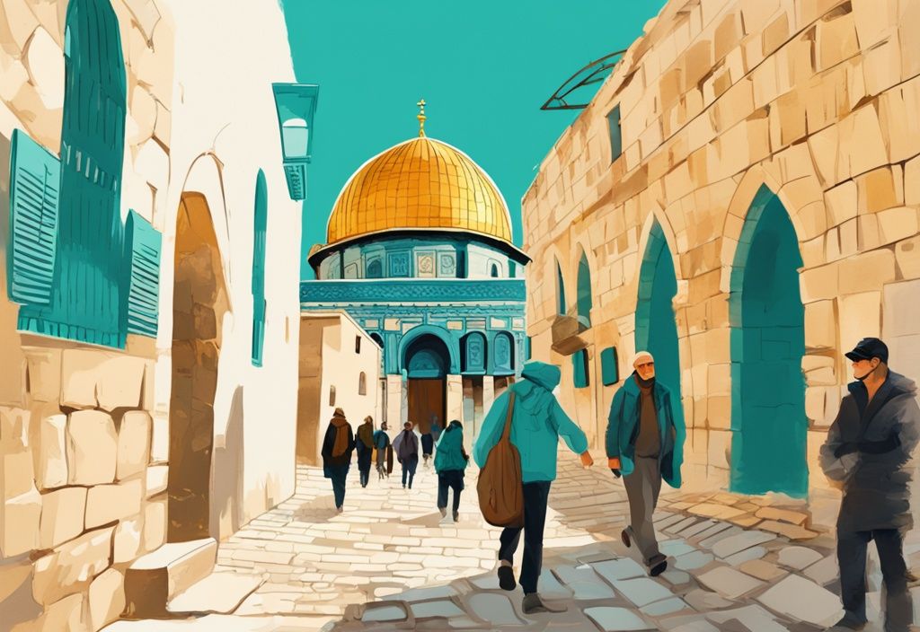 Touristen erkunden die alten Kopfsteinpflasterstraßen von Jerusalem mit dem Felsendom im Hintergrund, jerusalem reise.