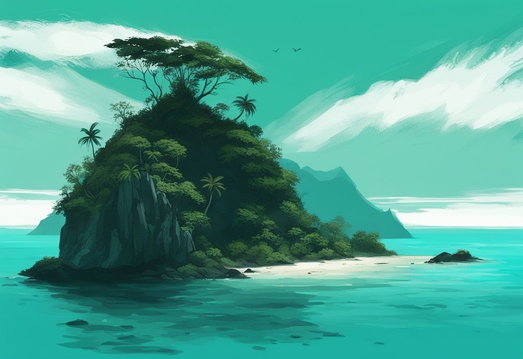 Moderne digitale Malerei von Sentinel Island, umgeben von türkisfarbenem Wasser und dichter tropischer Vegetation, mit der Silhouette eines einsamen Wächters.