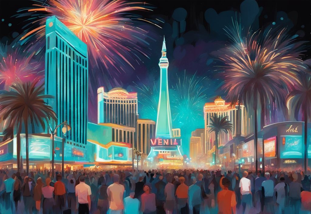 Moderne digitale Malerei der Las Vegas Strip mit bunten Feuerwerken und Menschenmengen, die Silvester feiern, Hauptfarbe Türkis