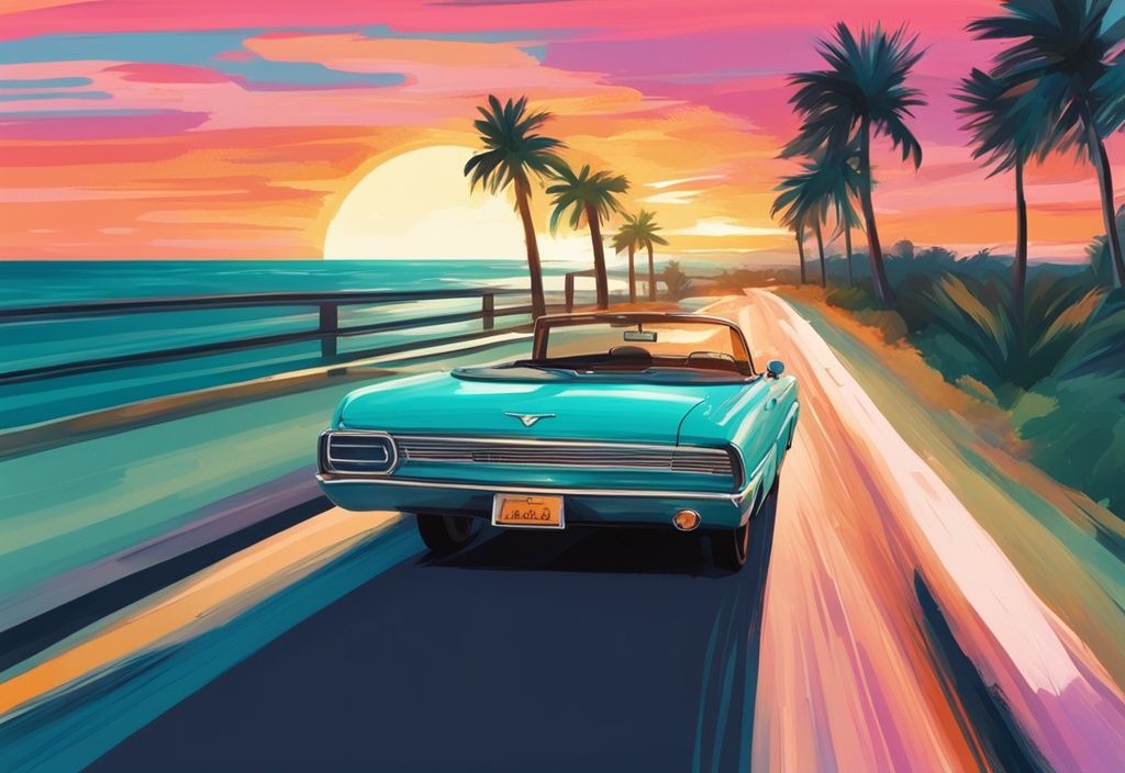 Moderne digitale Illustration eines Cabriolets auf einer malerischen Küstenstraße in Florida, gesäumt von Palmen und einem Sonnenuntergang über dem Ozean, Hauptfarbe Türkis