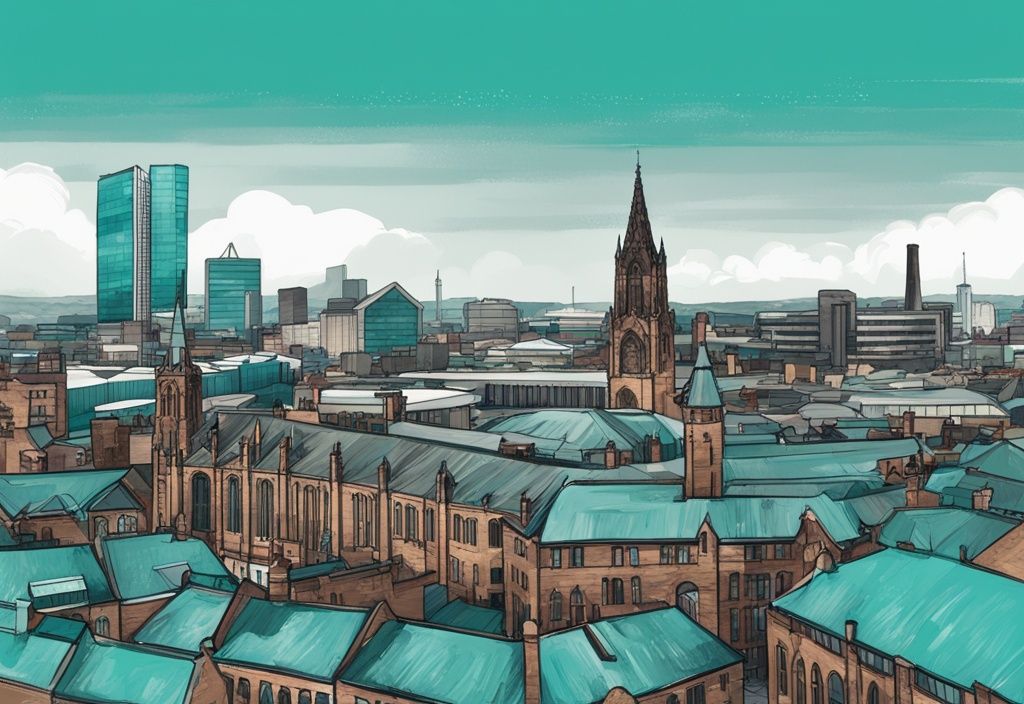 Moderne digitale Malerei von Manchester mit Sehenswürdigkeiten wie der Manchester Cathedral, Old Trafford Stadion und dem lebhaften Northern Quarter, Hauptfarbe Türkis.