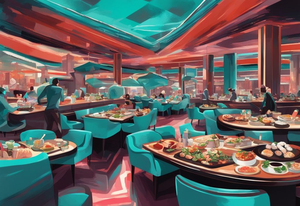 Moderne digitale Malerei mit türkisfarbenem Thema, zeigt ein üppiges Las Vegas Buffet mit Sushi, Prime Rib und Desserts vor einem lebhaften Casino-Hintergrund.