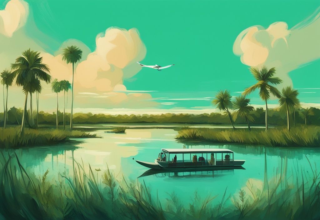 Moderne digitale Malerei der Everglades in Florida mit türkisfarbenem Thema, üppigem Grün, vielfältiger Tierwelt und ikonischen Luftbooten auf dem Wasser.