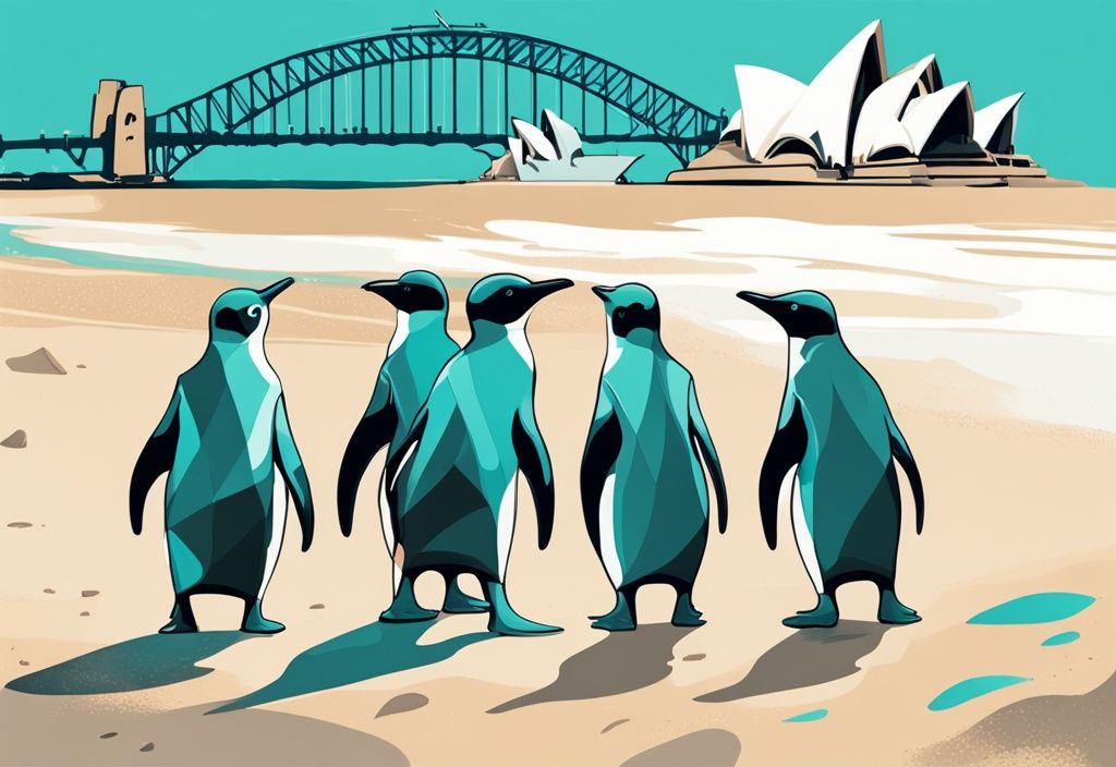 Digitale Malerei mit Pinguinen in Australien am Strand vor dem Sydney Opera House in Türkis.