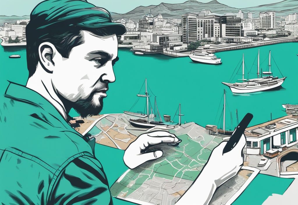 Moderner digitaler Malerei-Illustration, ein lokaler Guide zeigt geheimtipps Kapstadt auf einer Karte, mit Wahrzeichen wie Tafelberg und V&A Waterfront im Hintergrund, Hauptfarbe Türkis.